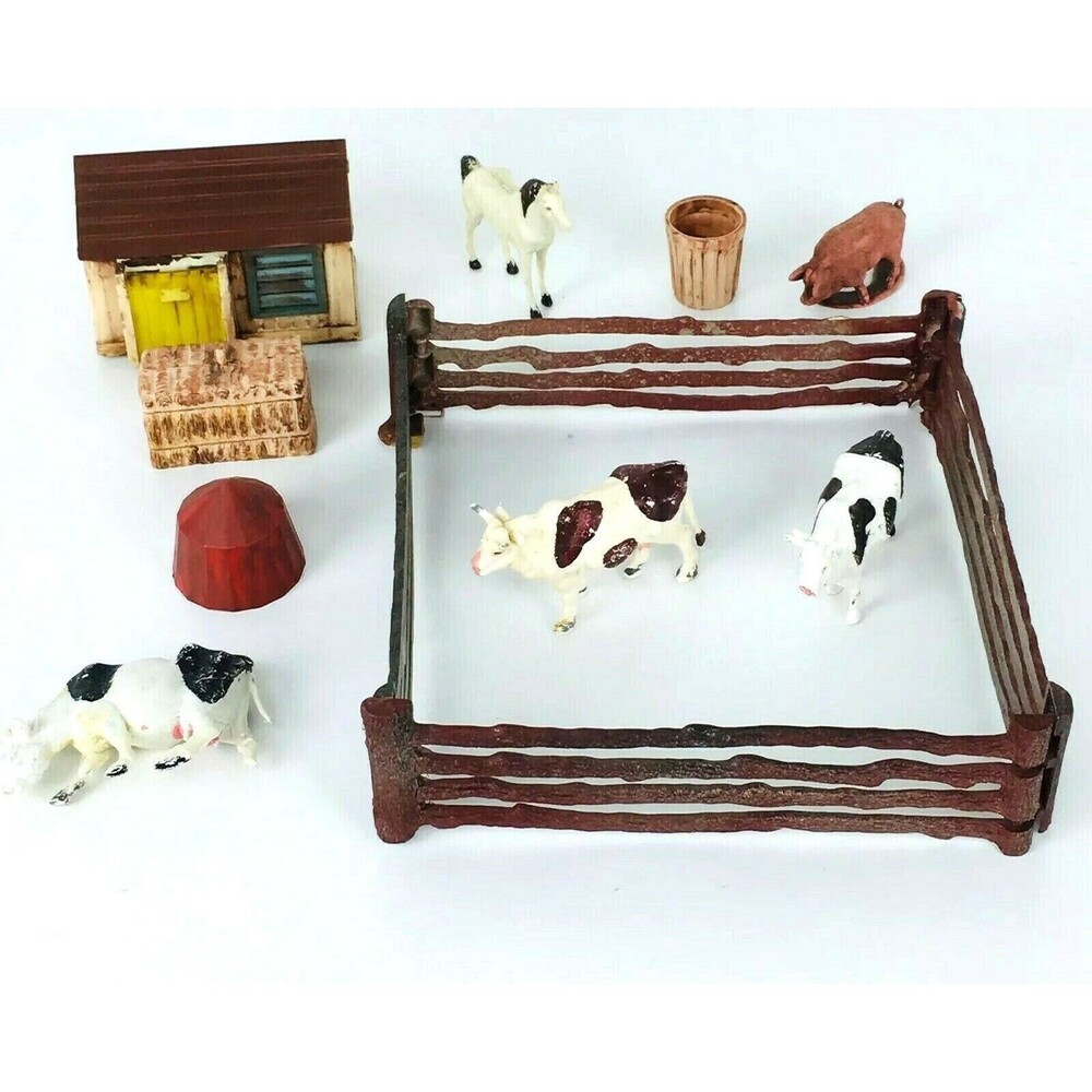 Vintage 70s Farmhouse Animals Barn Hard Plastic Kids Toy Set Hong Kong